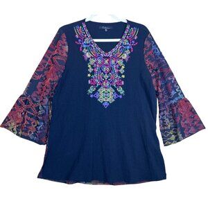 Calessa Tunic Top Women's Size M Black Embroidered Boho Peasant Bell Sleeves